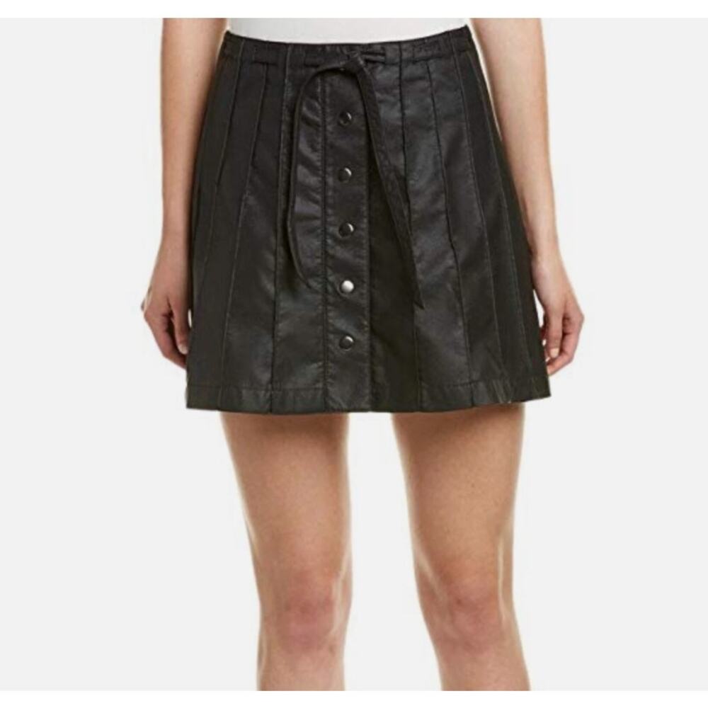 Sz 8 Free People Black Vegan Leather Pleated Mini Skirt A-Line Y2K Moto Goth